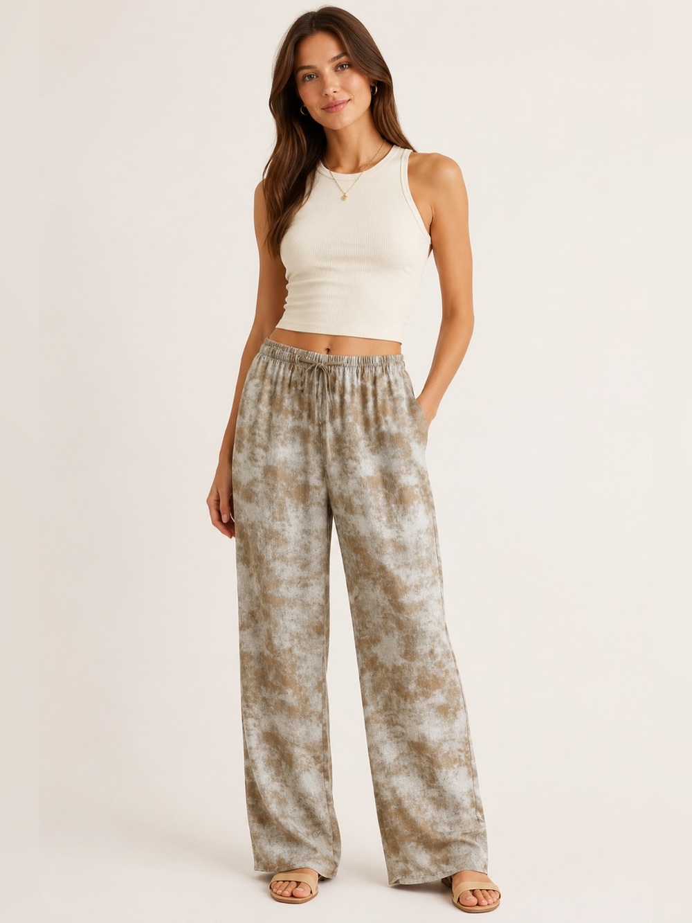 Sienna Sky Taupe & Gray Tie-Dye Wide Leg Pants